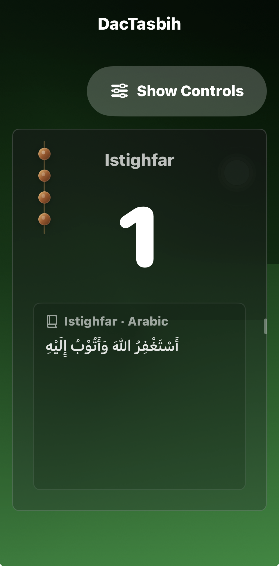 DacTasbih learning mode showing Istighfar Arabic text below the count