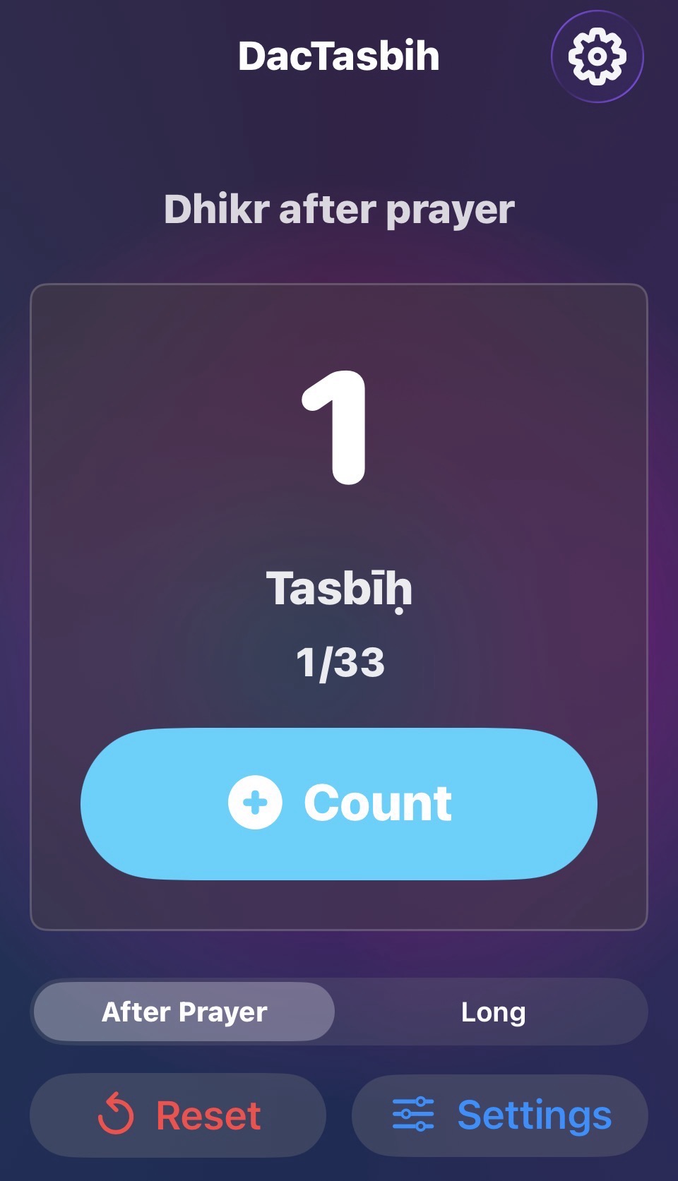 DacTasbih After Prayer mode on iPhone showing Tasbih progress 1 of 33