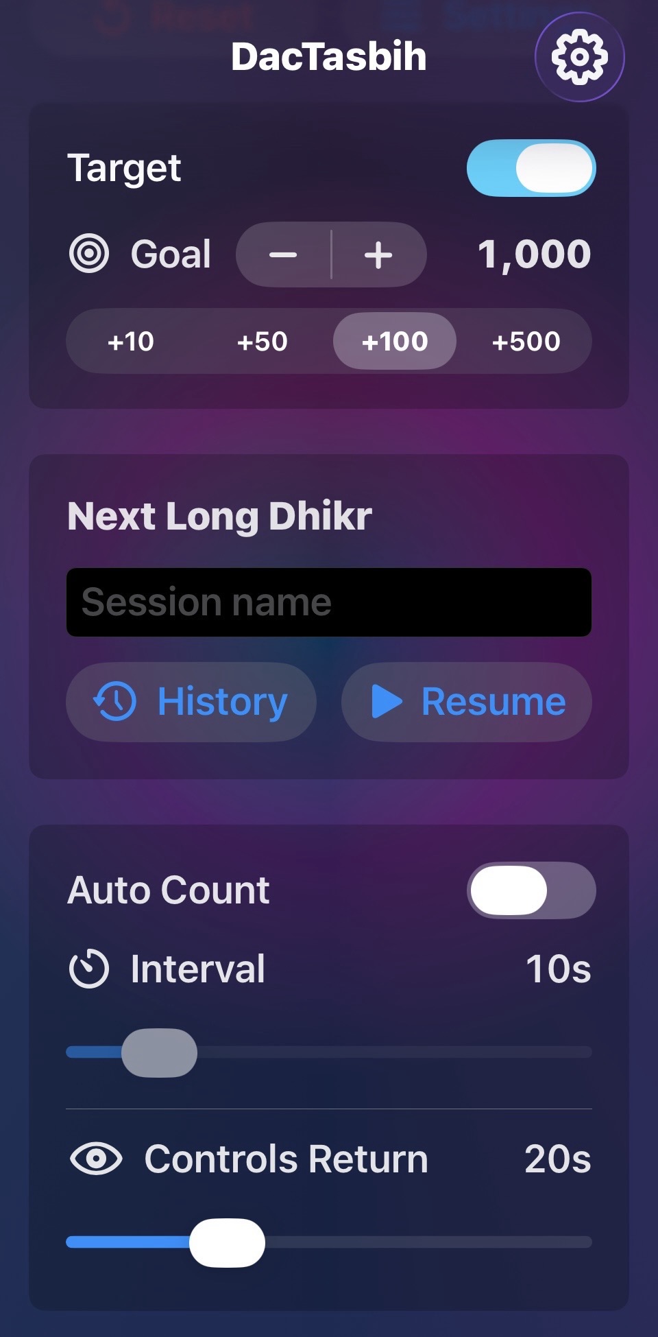 DacTasbih iPhone target controls showing goal step options and auto count settings