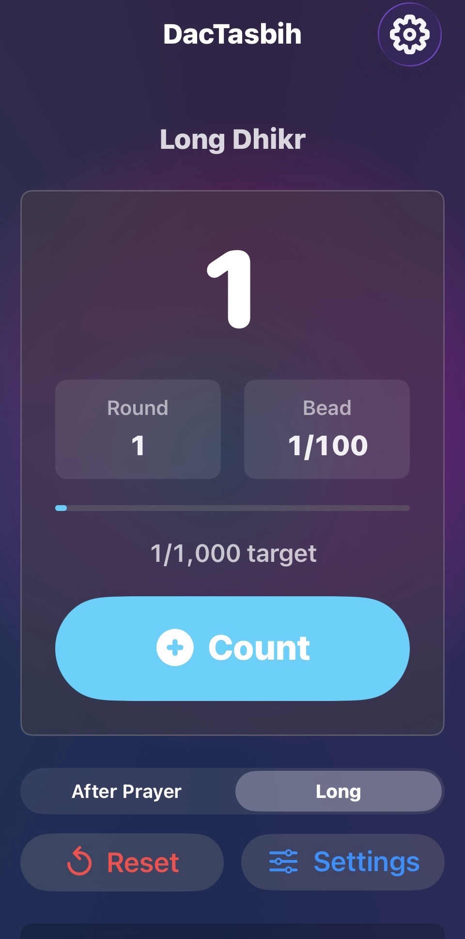 DacTasbih Long Dhikr mode on iPhone showing round, bead, target progress, and count button