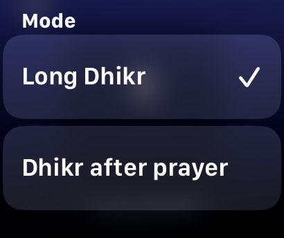 Apple Watch mode selection screen showing Long Dhikr and Dhikr after prayer